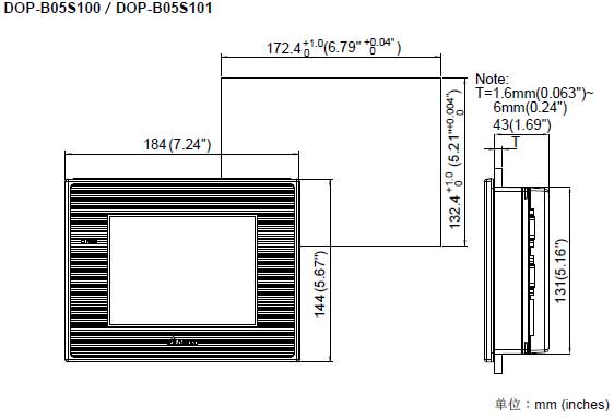 Delta+DOP-B系列触摸屏(5.6寸屏)+开孔尺寸1