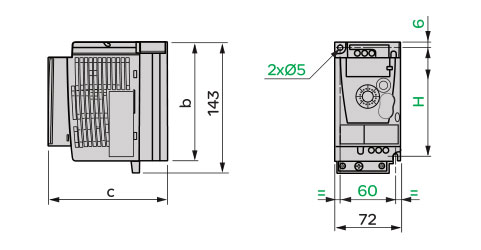 Schneider+B02+ATV12系列带有基座的变频器(三相电源电压:200～240V)+外形尺寸1