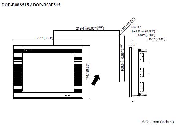 Delta+DOP-B系列触摸屏(8寸屏)+开孔尺寸+1